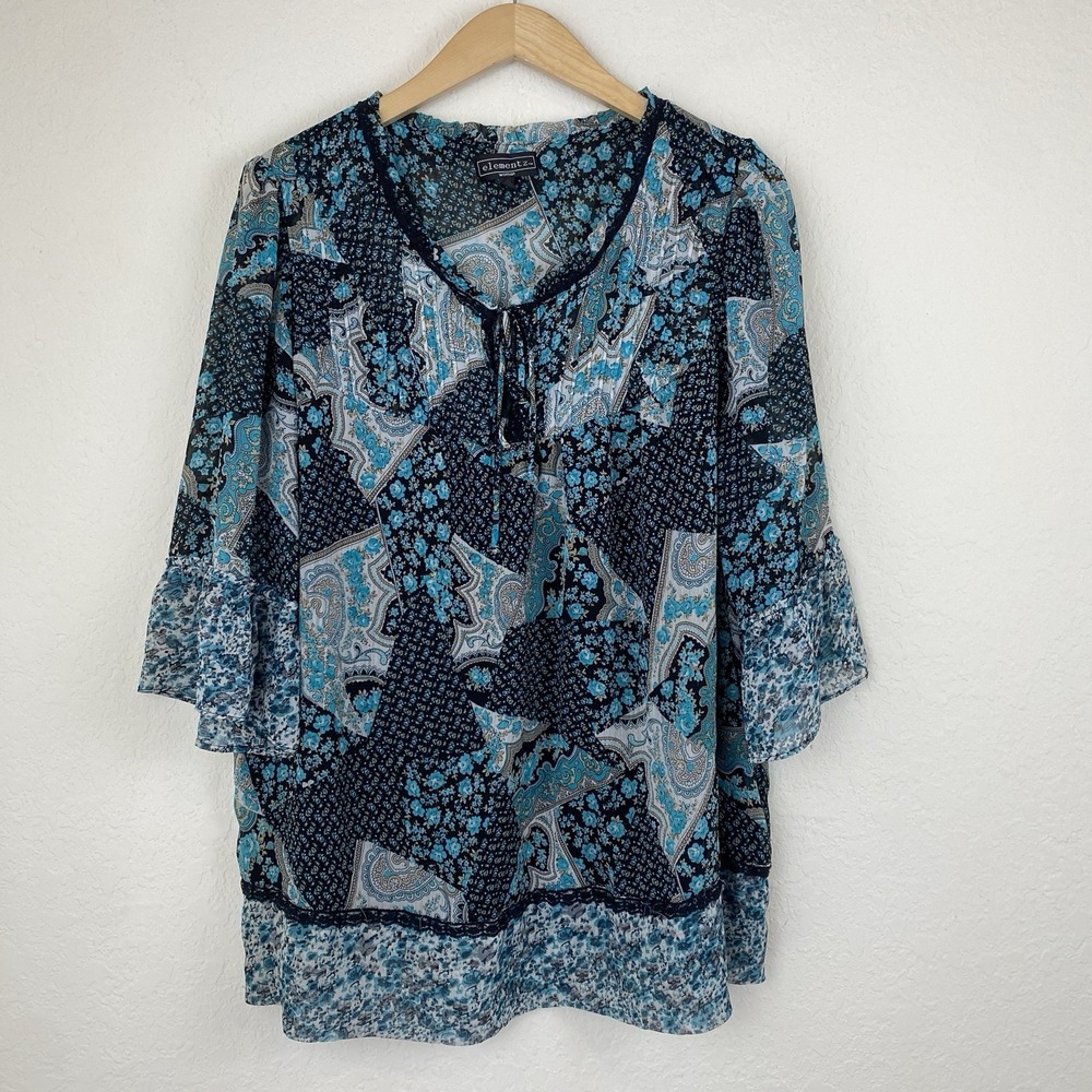 Elementz 2x Patchwork Tunic Top Cottage Core Boho Lace Trim Romantic Ruffle Blue